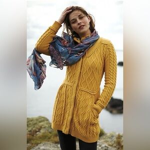 Anthropologie Strathmore SweaterJacket Mustard Gold Cable Knit Cardigan Size Med
